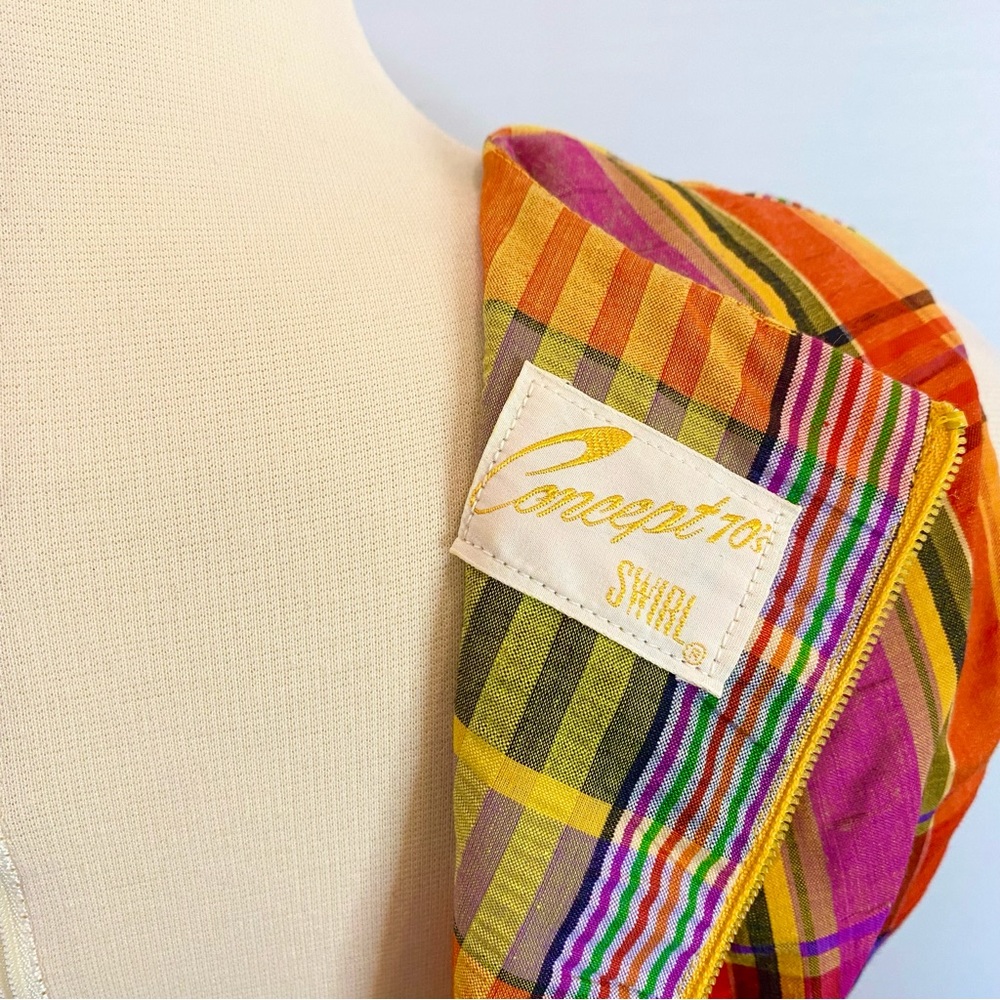 Vintage SWIRL Concept 70s Yellow Orange Madras Plaid Maxi Gown Long Column Dress - Picture 3 of 12
